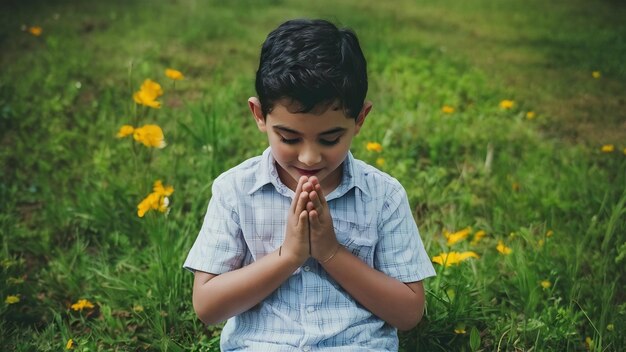 Photo muslim boy praying in sujud posture