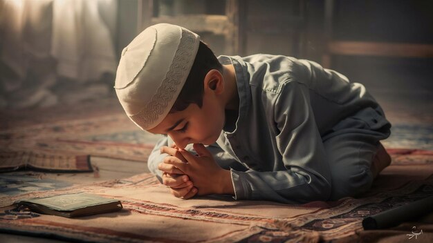 Photo muslim boy praying in sujud posture