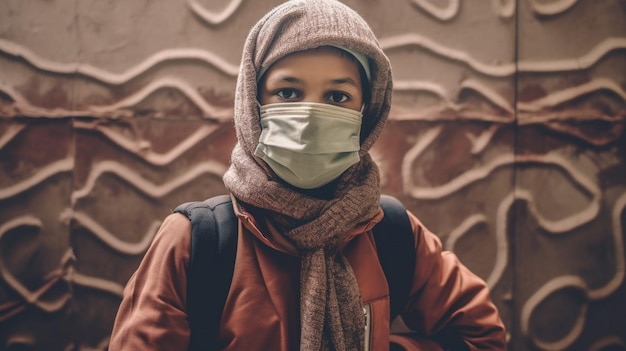Foto un ragazzo musulmano che indossa una maschera protettiva covid-19 mas