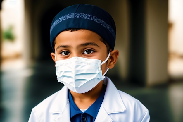 保護マスクを着用したイスラム教徒の少年 新型コロナウイルス感染症 19 マスク自信を持って着用する生成 AI