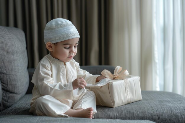 Photo muslim boy with a gift when eid mubarak