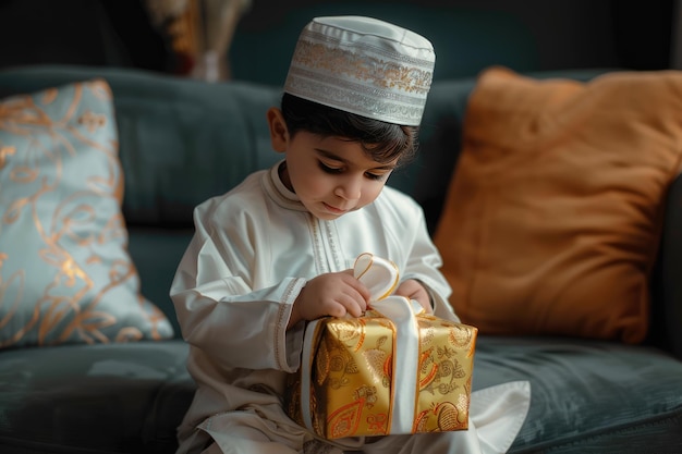 イスラム教徒の男の子がイード・ムバラクのプレゼントを贈る