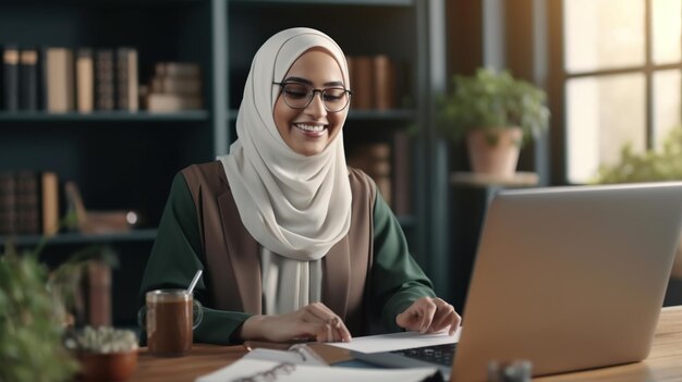 muslim business woman woman working in laptop home muslim laptop studies