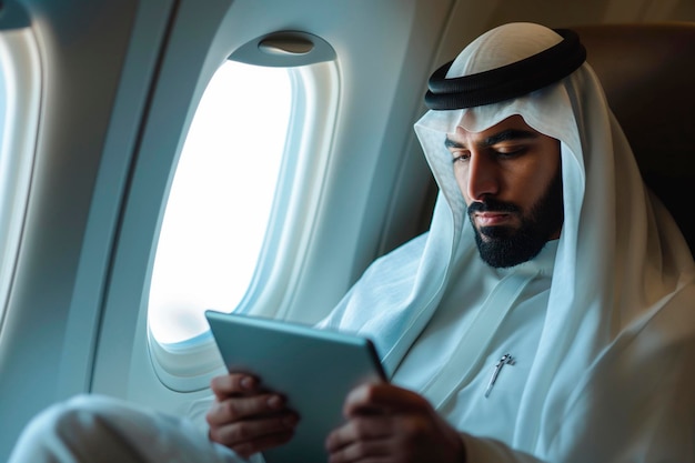 Foto uomo d'affari musulmano in abiti tradizionali bianchi che usa un tablet in aereo durante un viaggio di lavoro