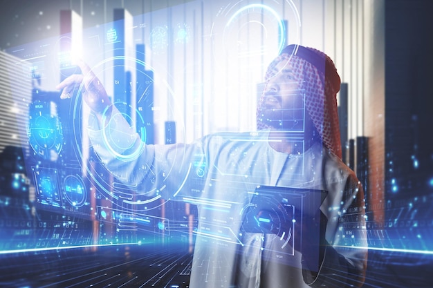 Muslim businessman working with floating data visualization screen