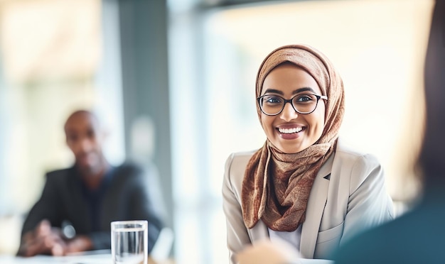 Muslim businesswoman leading a discussion during an meeting in a creative office Group