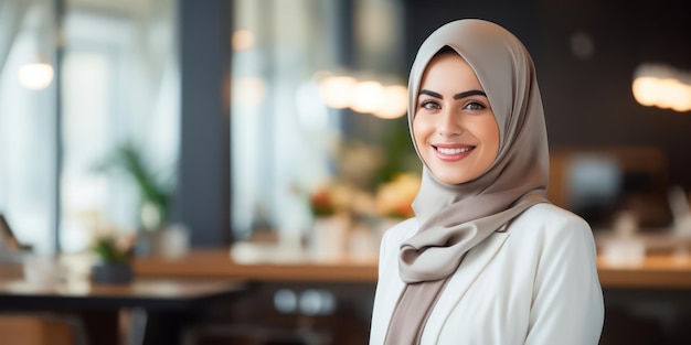 Muslim businesswoman set against a blurry office background radiating beauty