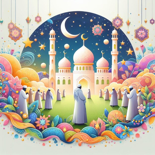 Photo muslim celebrating eid ul fiter after ramadan ul mubarak masjid moon lighting lamp illustrations