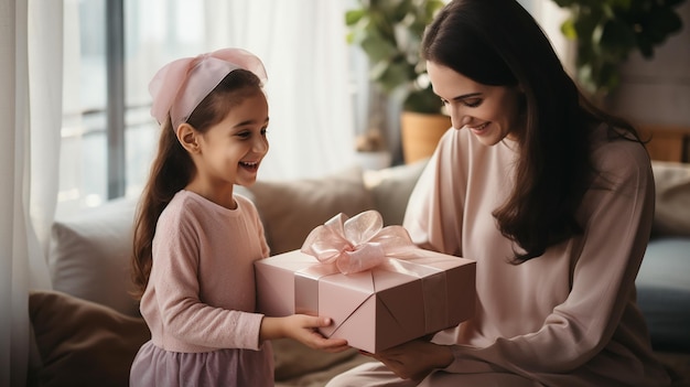 Muslim child daughter congratulates mom and gives