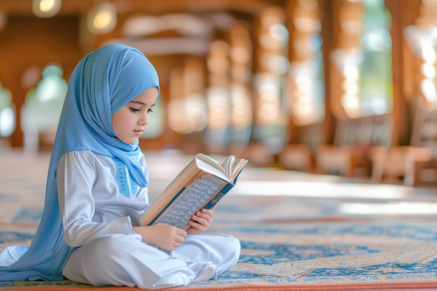 Muslim child girl reading a Quran inside the mosque