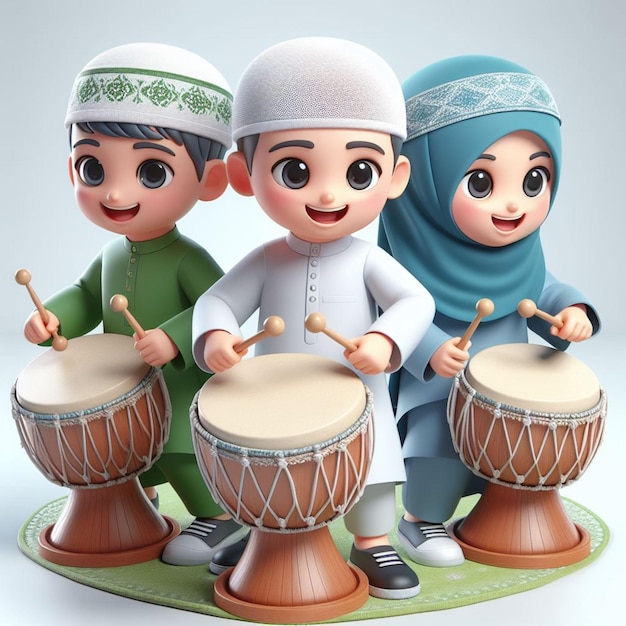 イスラム教徒の子供たちが3Dスタイルでドラムを打つ