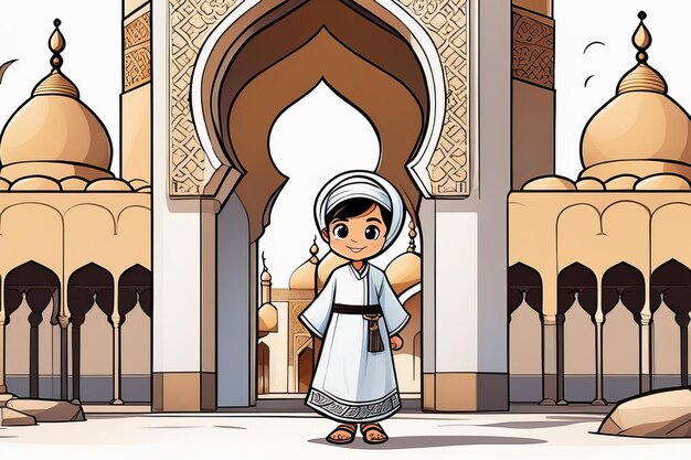 Мусульманские дети возле мечети яркая иллюстрация для детей, созданная с помощью генеративного программного обеспечения ИИ