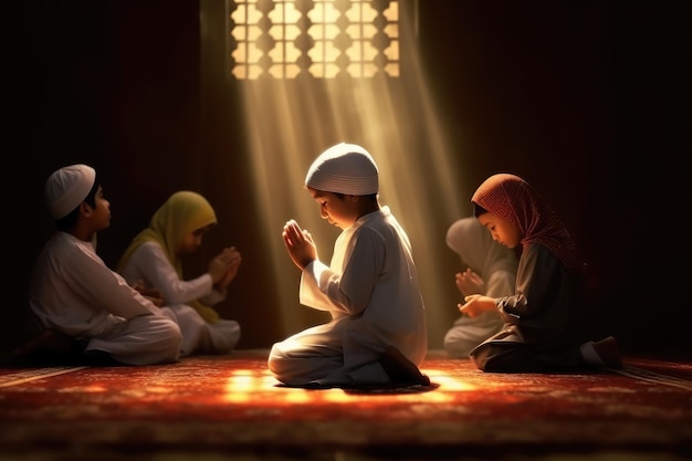 Muslim children praying together