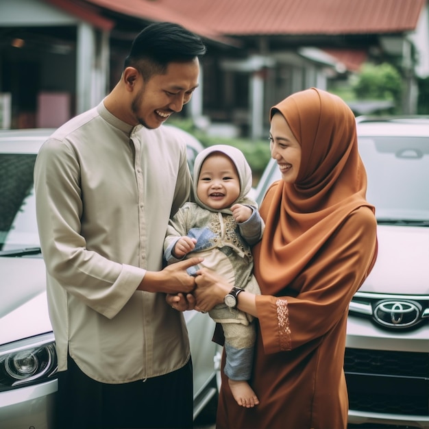 A muslim corean family laughing with child
