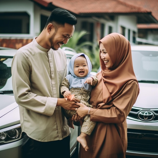 Photo a muslim corean family laughing with child