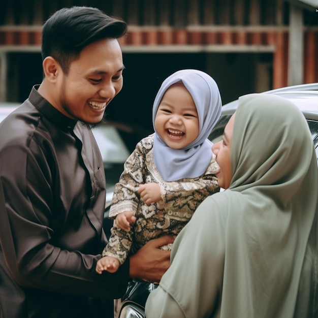 Photo a muslim corean family laughing with child