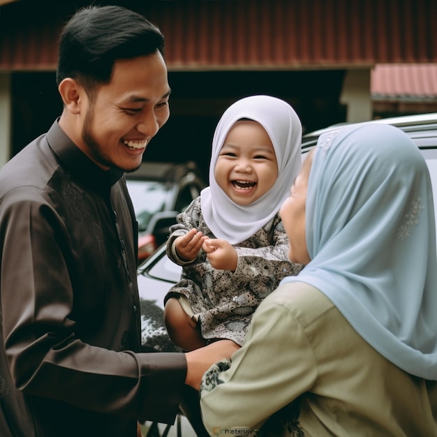 Photo a muslim corean family laughing with child