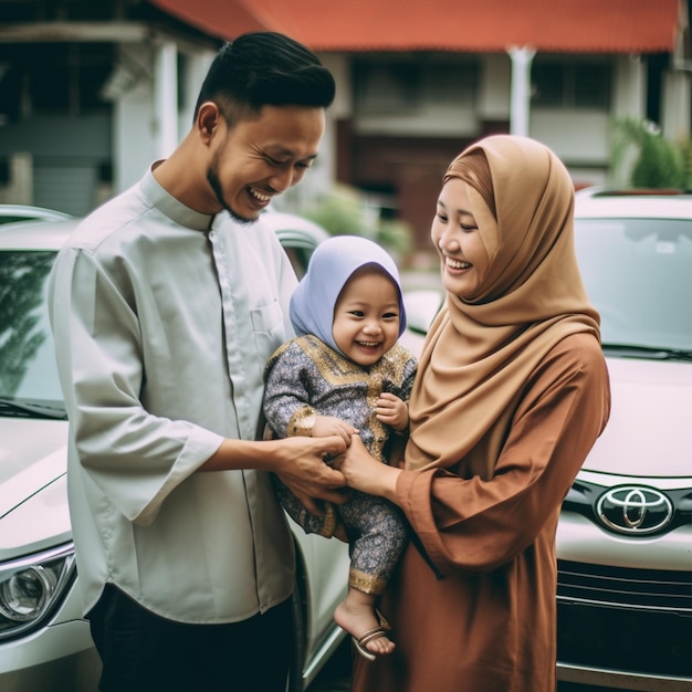 Photo a muslim corean family laughing with child