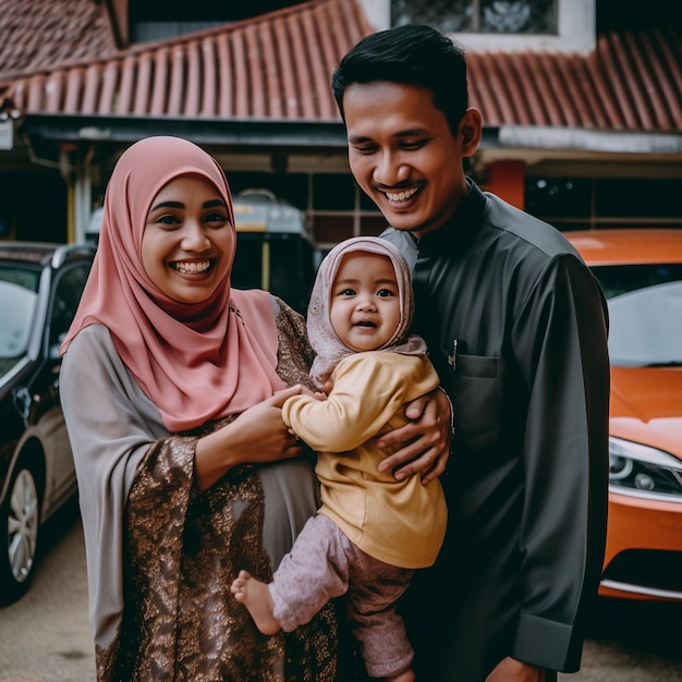 A muslim corean family laughing with child