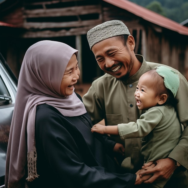 A muslim corean family laughing with child