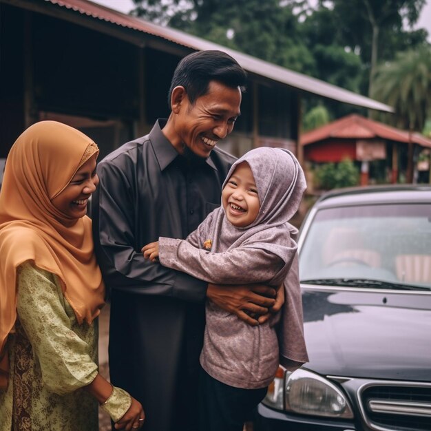 Photo a muslim corean family laughing with child