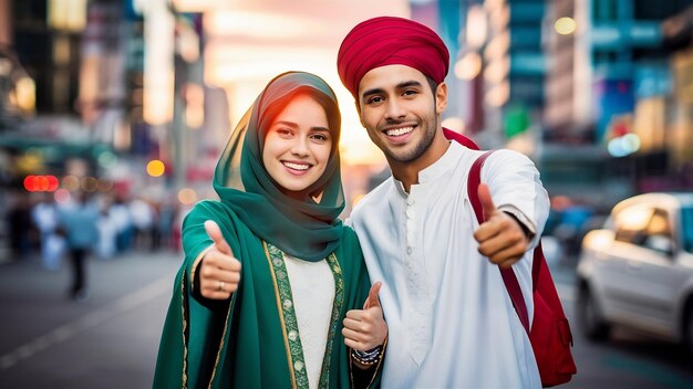 Muslim couple showing thumb up