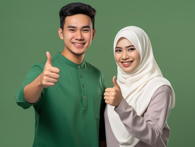 緑の背景に隔離されたカメラを見て微笑む伝統的なイスラム服を着たイスラム教徒のカップル