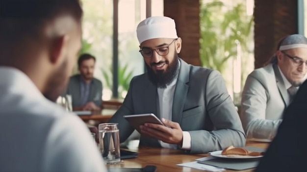 Фото Предприниматель-мусульманин использует планшетный компьютер во время встречи с корпоративными партнерами генеративный ии