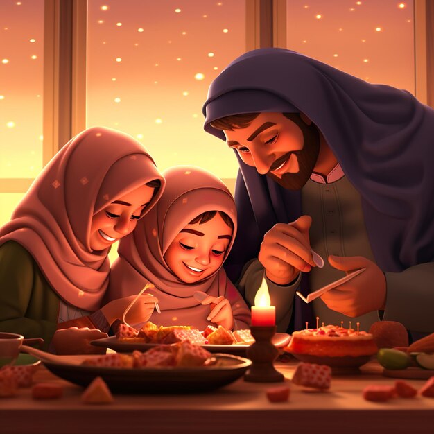 Photo muslim family eating iftar food and dates in the month of ramadan kareem