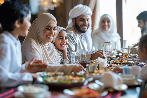 ラマダンの間イスラム教徒の家族が一緒にイフターの食事を楽しんでいます