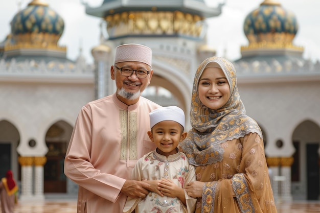 모스크 근처 에서 축제 의 옷 을 입은 무슬림 가족 종교 와 문화