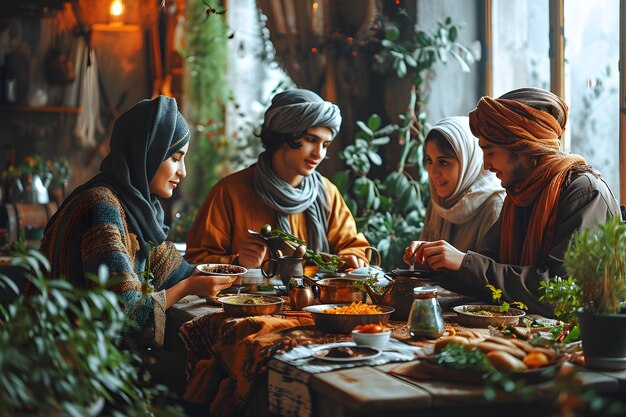 Muslim Family and Friends Gathering during Ramadan with Delicious Dishes on the Table Iftar Dinner