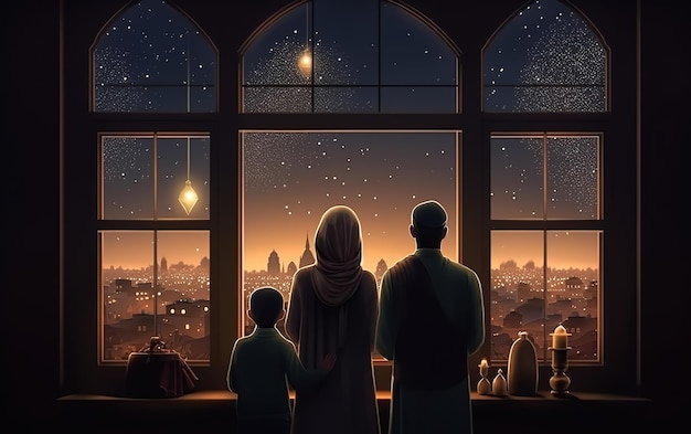 muslim family looking out window with mosque at night sky view in outside