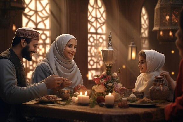 Photo muslim family sharing a meal inside a mosque generative ai