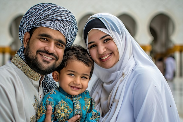 Muslim family smiling to camera in front of mosque