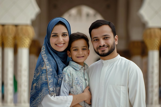 Фото Мусульманская семья улыбается в камеру перед мечетью