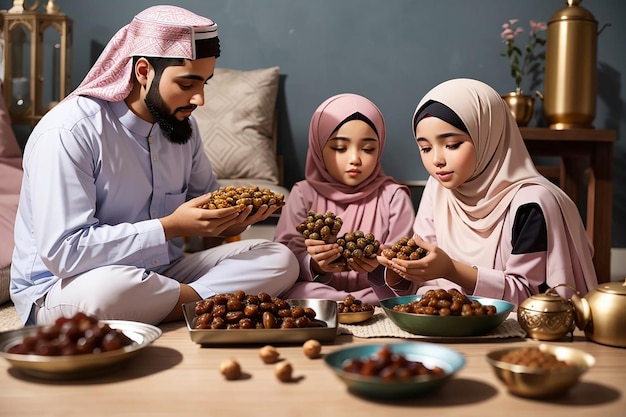 Photo muslim family starting iftar with dates during ramadan