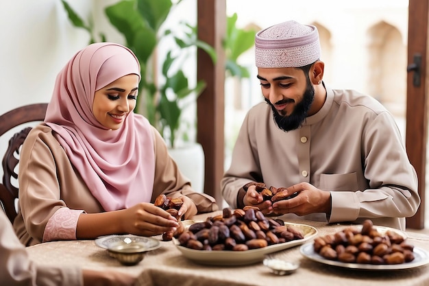 Photo muslim family starting iftar with dates during ramadan
