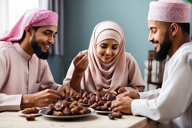 Muslim family starting iftar with dates during Ramadan