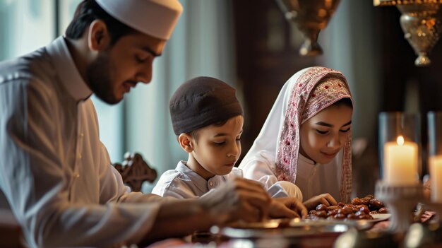 Muslim family starting iftar with dates