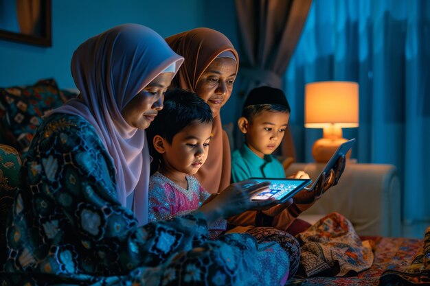 Мусульманская семья использует планшет для виртуального собрания Рамадана, смешивая традиции и технологии в своем доме ar 32 v 6 Job ID f1f50de18dcb424dbc09b8a7b9f3382d