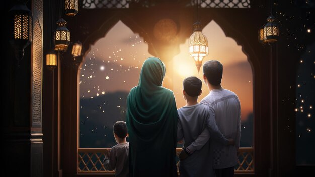 Muslim family view mosque muslim family eid greetings back view Jumma Mubarak