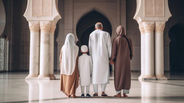 Muslim family view mosque muslim family eid greetings back view Jumma Mubarak