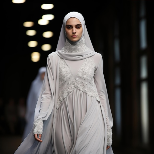 滑走路に立つイスラム教徒のファッションモデル