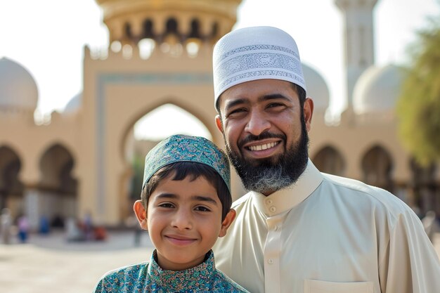 Muslim father and son smiling to camera in front of mosque