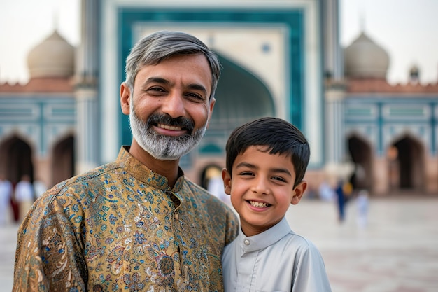 Muslim father and son smiling to camera in front of mosque