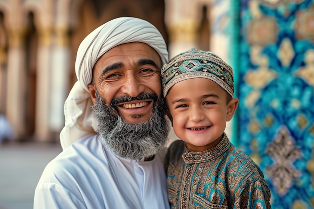 Muslim father and son smiling to camera in front of mosque