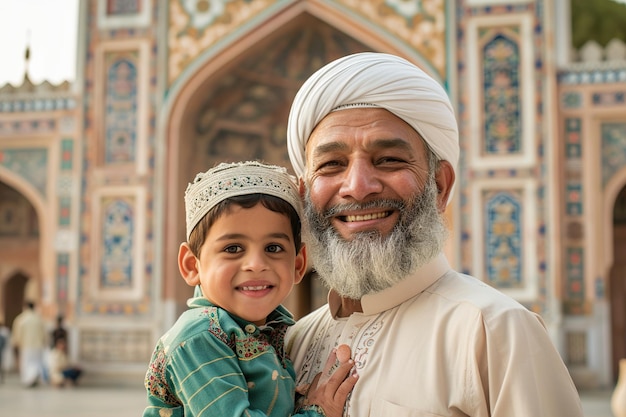 Muslim father and son smiling to camera in front of mosque