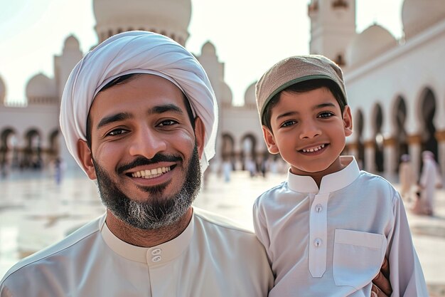 Muslim father and son smiling to camera in front of mosque