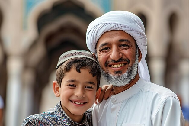 Muslim father and son smiling to camera in front of mosque